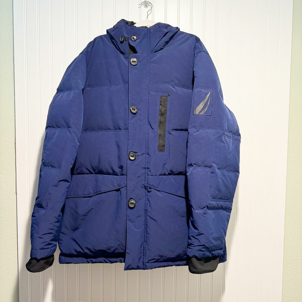 Nautica Deep Cobalt Blue Down Feather Hooded Parka Puffer Jacket Mens XXL